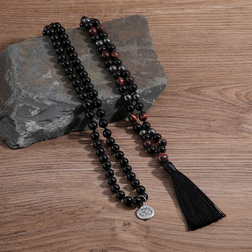 Men's 8mm 108 Mala Hand-Knotted Long Necklace Black Onyx Red Tiger Eye Treatment Stone Rosary Prayer Charm Beaded Tassel Jewelry