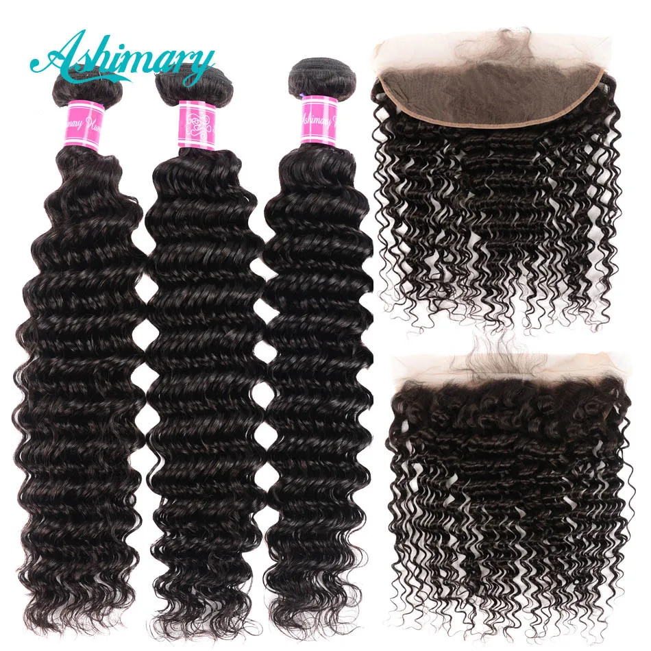 Ashimary Deep Wave Brazilian Hair Bundles with Frontal Remy Hair 3/4 Bundles with Frontal Human Hair Bundles with Lace Frontal