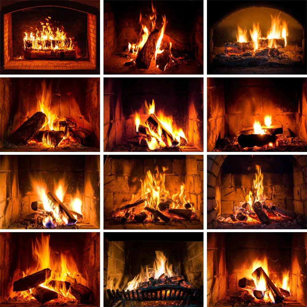 Mocsicka Christmas Backdrops Brick Fireplace Burning Fire Winter Christmas Photography Background For Photo Studio Photophone