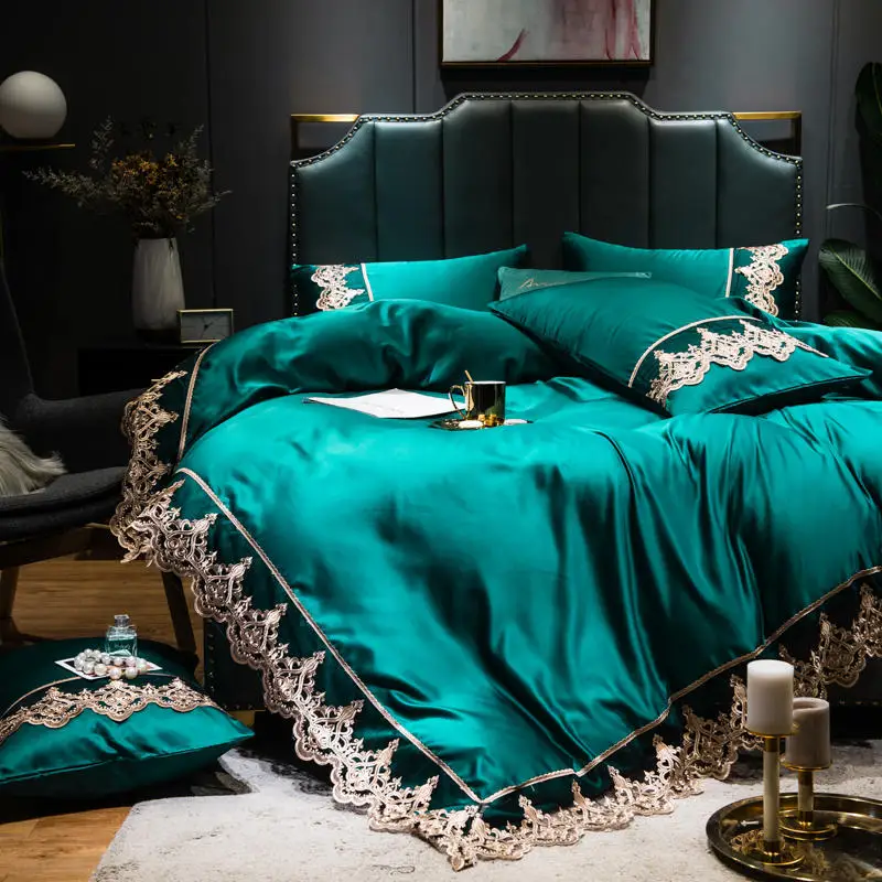 

Dark Green Lace Embroidery Bedding Set 4pcs Smooth Soft Polyester Duvet Cover Bed Sheet Bedspread Pillowcases King Queen Size