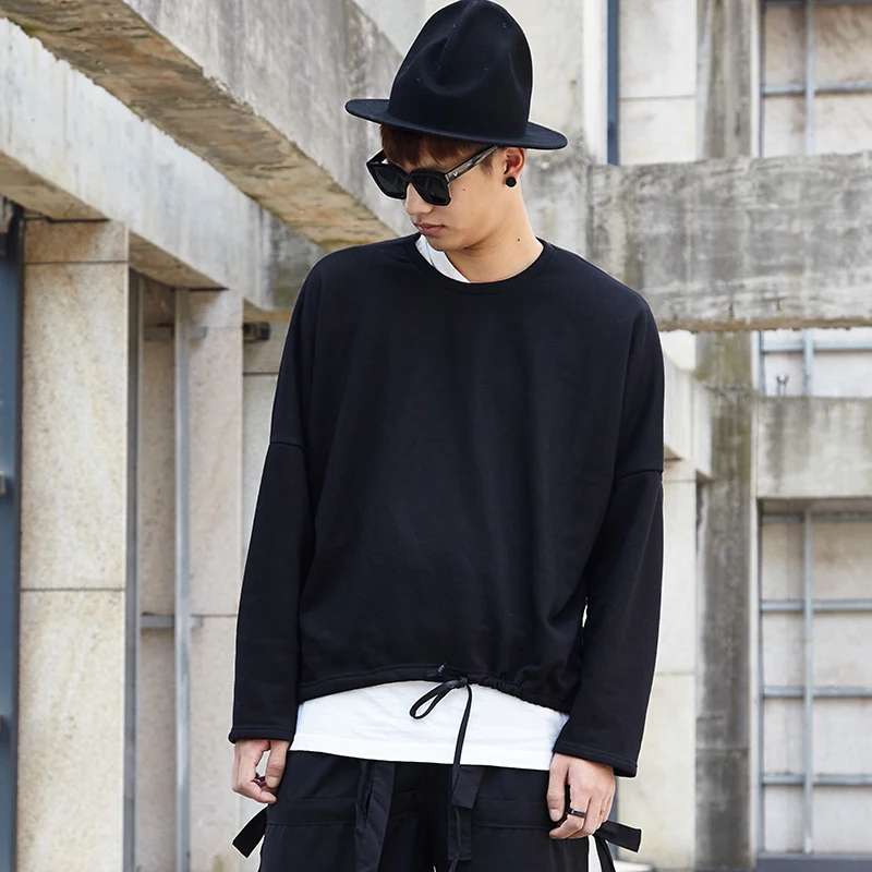 Men's Spring And Autumn Classic Dark Suntie Hem Drawstring Design Casual Loose Round Neck Short Sleeve T-Shirt