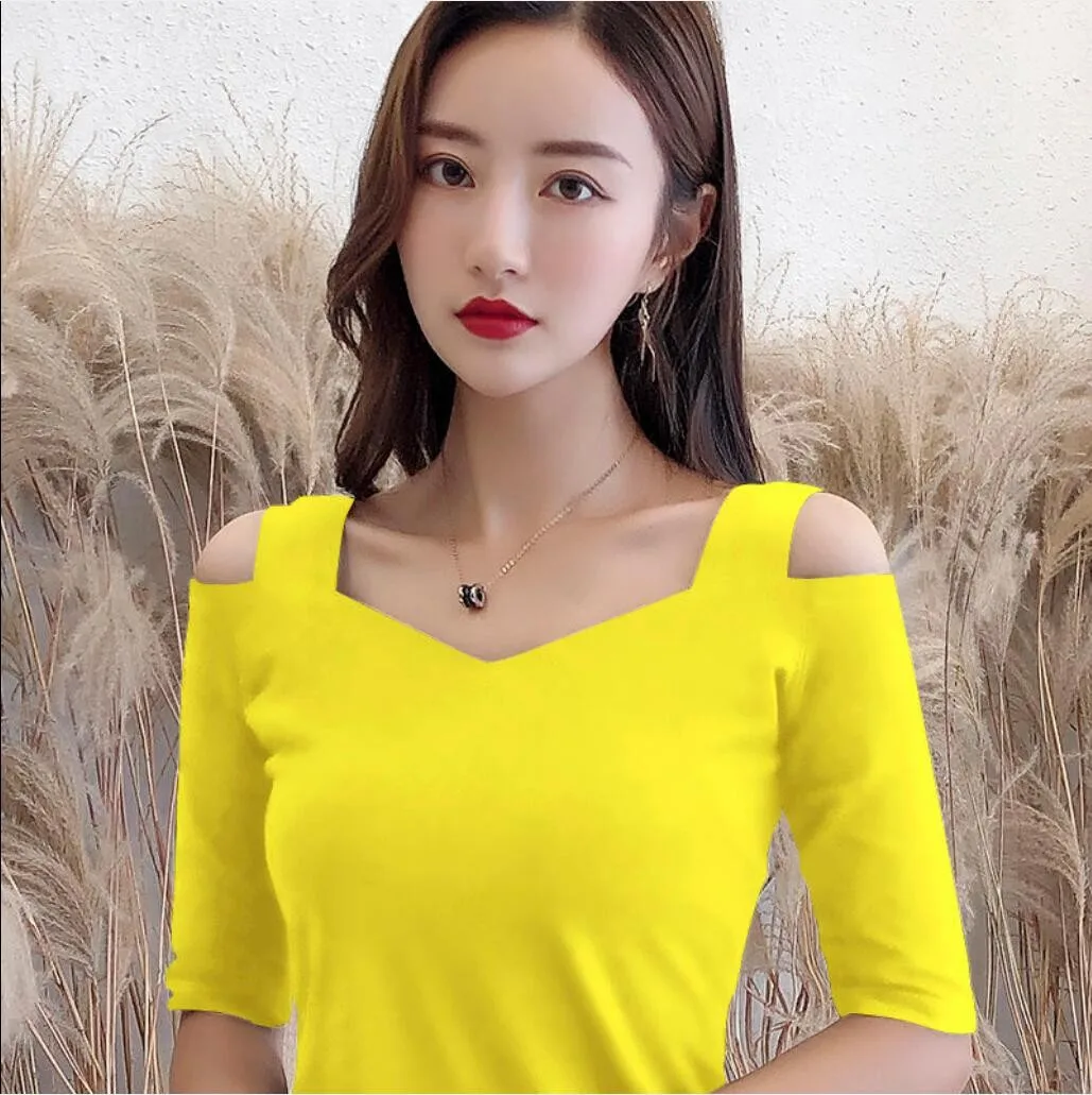 Off Shoulder Top lato nowe topy dla kobiet 2021 V-neck T Shirt kobiety koreańskie ubrania Tee koszulka treningowa Sexy Sling koszulka damska