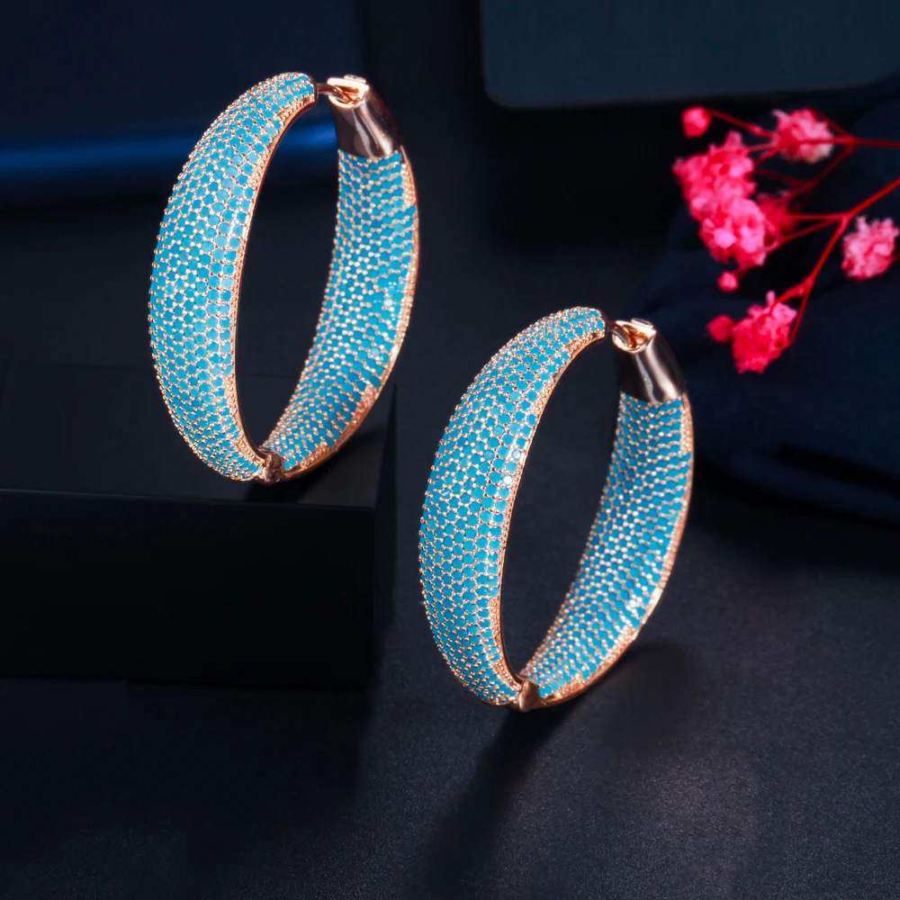 CWWZircons Luxury Turkish Light Blue Cubic Zirconia Large Loop Hoop Earring for Women Fashion Statement Jewelry Brincos CZ883