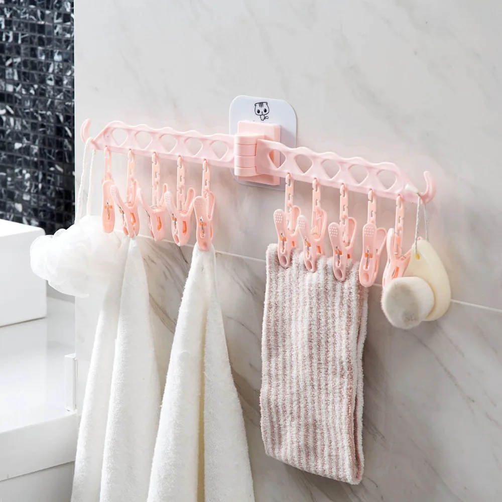 Bathroom 10 Clips Foldable Clothes Rack Hanger Laundry Folding Wall Underware Clothespin Mount Drying  Holder for Bra Socks