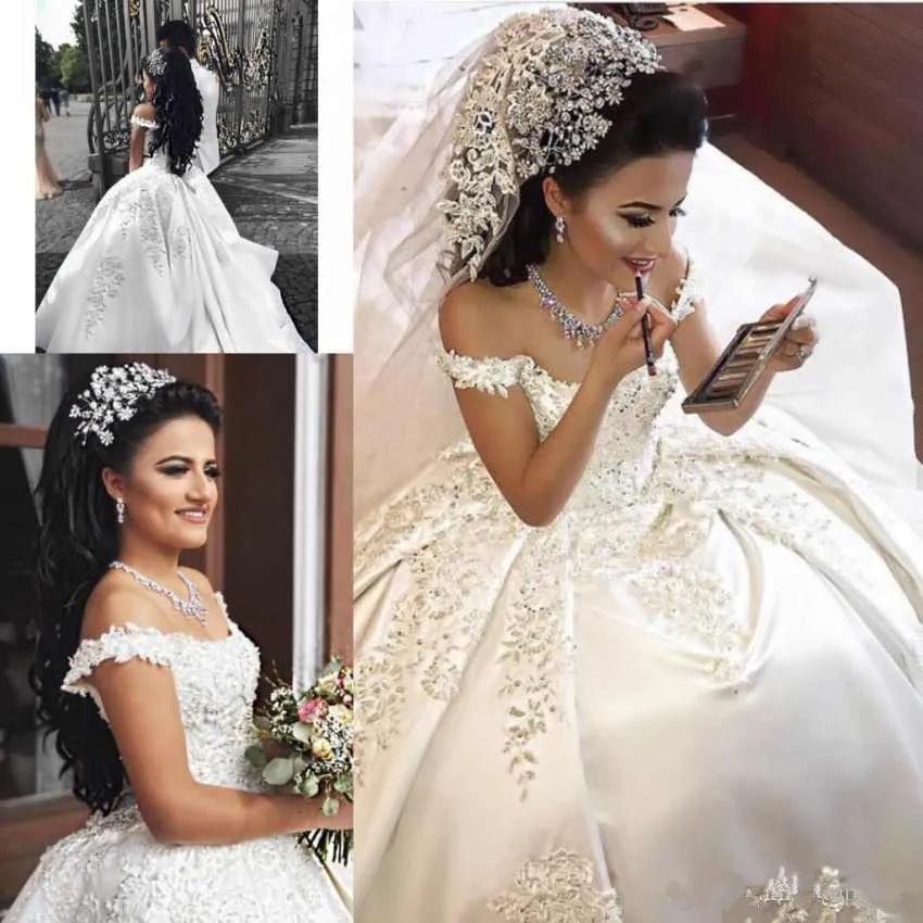 2025 luxo árabe vestidos de casamento cetim fora do ombro renda apliques cristal frisado plus size vestidos de noiva personalizados