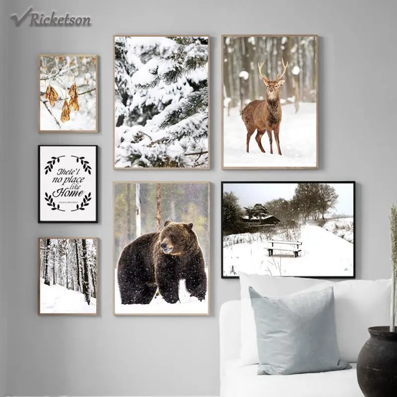 

Snow Bear Elk Pine Forest Quote Landscape Canvas Painting Nordic Posters and Prints Wall Art Pictures for Living Room Decor