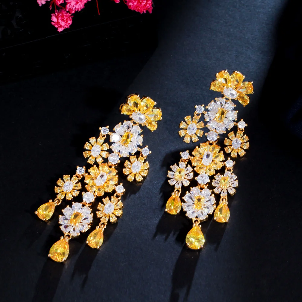 CWWZircons Luxury Statement Cluster Flower Dangle Drop Yellow Cubic Zirconia Long Wedding Earring for Brides Party Jewelry CZ984