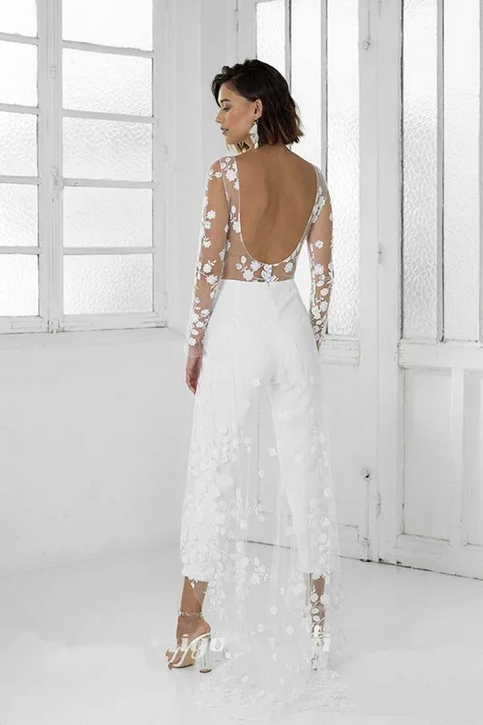 Wit Jumpsuit Strand Trouwjurken Jewel Hals Backless Enkellange Bridal Outfit Kant Zomer Bruidsjurken