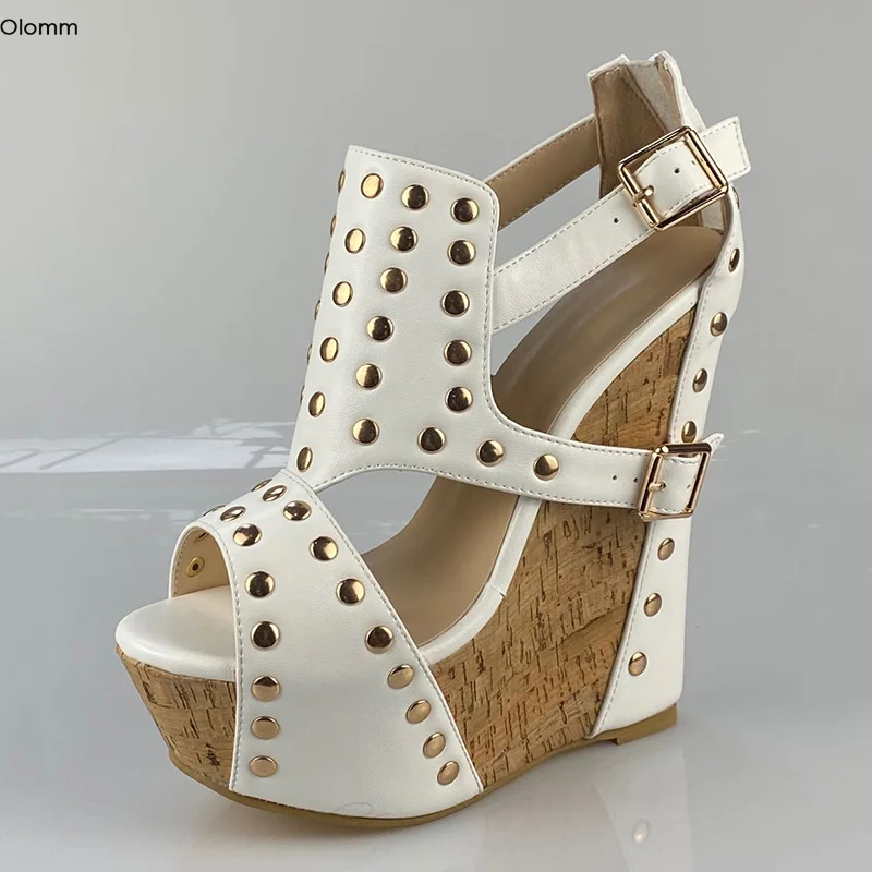 Olomm 2020 Handmade Women Studded Sandals Wedges Heels Sandals Open Toe White Club Wear Shoes Women Shoes US Plus Size 4-10.5