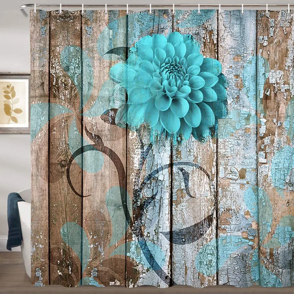 Farmhouse Floral Flower Shower Curtain Teal Dahlia Old Rustic Wooden Plank Country Barn Wood Fabric Curtains Bathroom Decor Set