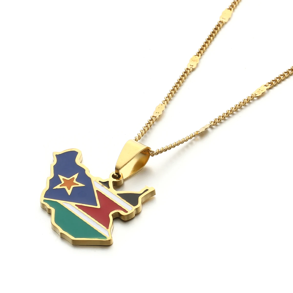 Stainless Steel Trendy Colorful Enamel South Sudan Map Flag Pendant Necklaces For Women Men Choker Neck Chain Jewelry