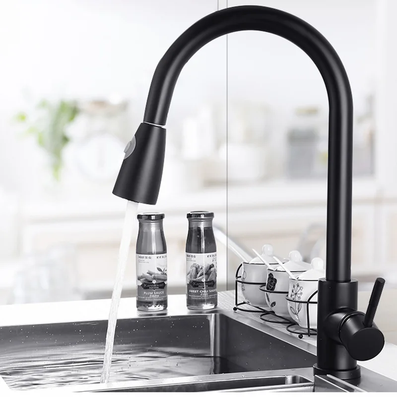 

Kitchen Faucets Black/Brushed Brass Pull Out Tap 360 Rotate Kitchen Button Switch Faucet Stream Sprayer Head Mixing Sink Taps