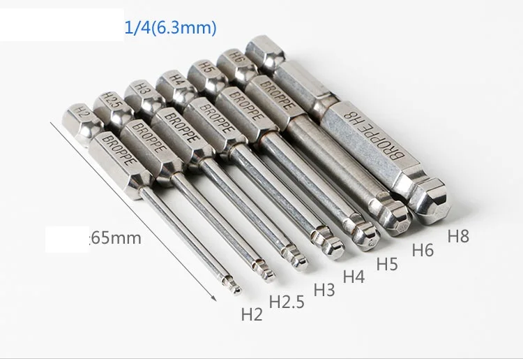 7pcs/set L65mm Ball Head Electric-Drill Screwdriver Bit S2 Steel Magnetic Spherical 1/4