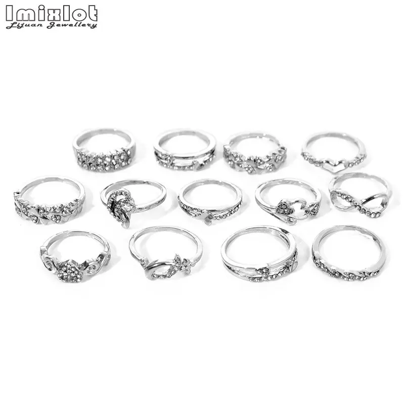 10pcs Wholesale Ring Bulk Lots Jewelry Silver Color Vintage Crystal Rhinestone Finger Rings Female Jewelry Mixed Random Style