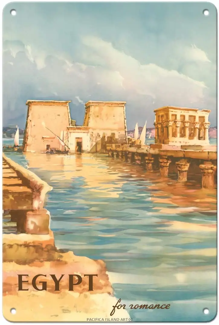 Pacifica Island Art Egypt for Romance - Luxor Temples on The Nile River - Vintage Travel Poster c.1950s - 8in x 12in Vintage