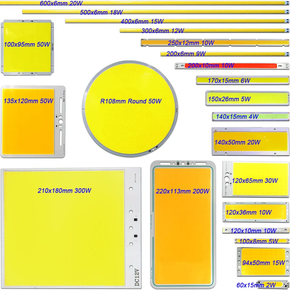 DC 12V COB LED 칩 패널 전구 2W-300W 모든 크기 COB LED 모듈, 따뜻한 자연 쿨 화이트 레드 그린 블루 색상 DIY 램프
