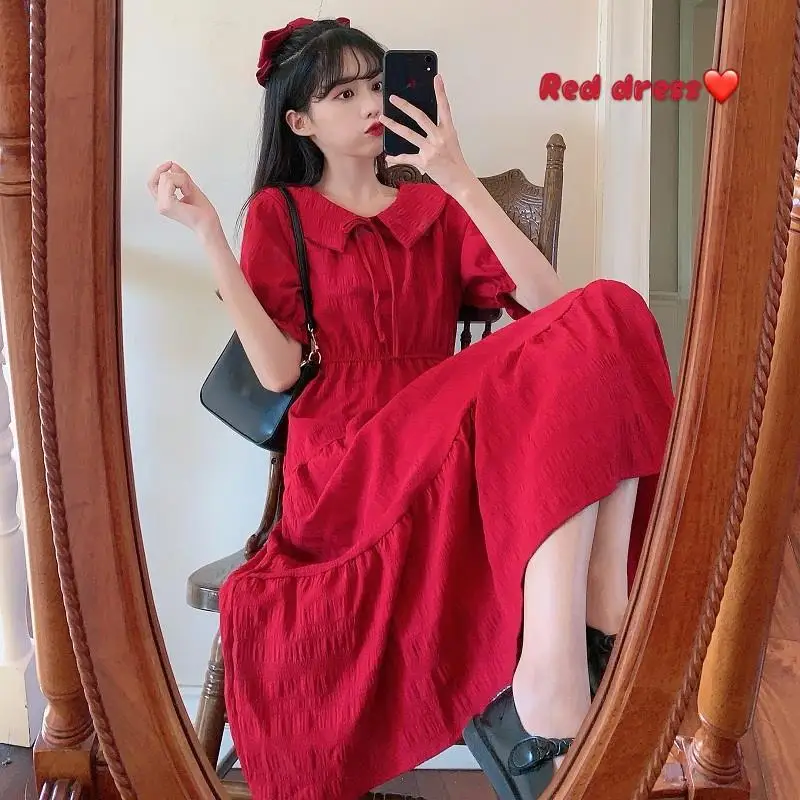Short Puff Sleeve Dress Women Peter Pan Collar Calf-length Elegant Solid Pleated Korean Sweet Girls Female Stylish Purple Chic