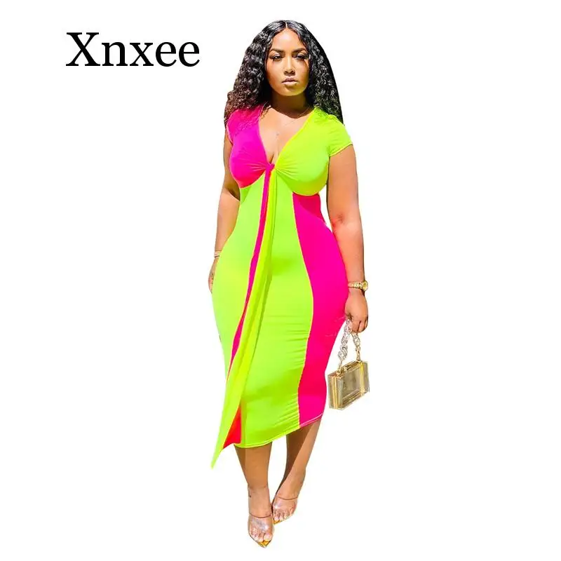 Candy Deep V Color Patchwork Women Summer Dress Front Tie V Neck Short Sleeve Bodycon Midi Casual Dresses Fashion Clothing