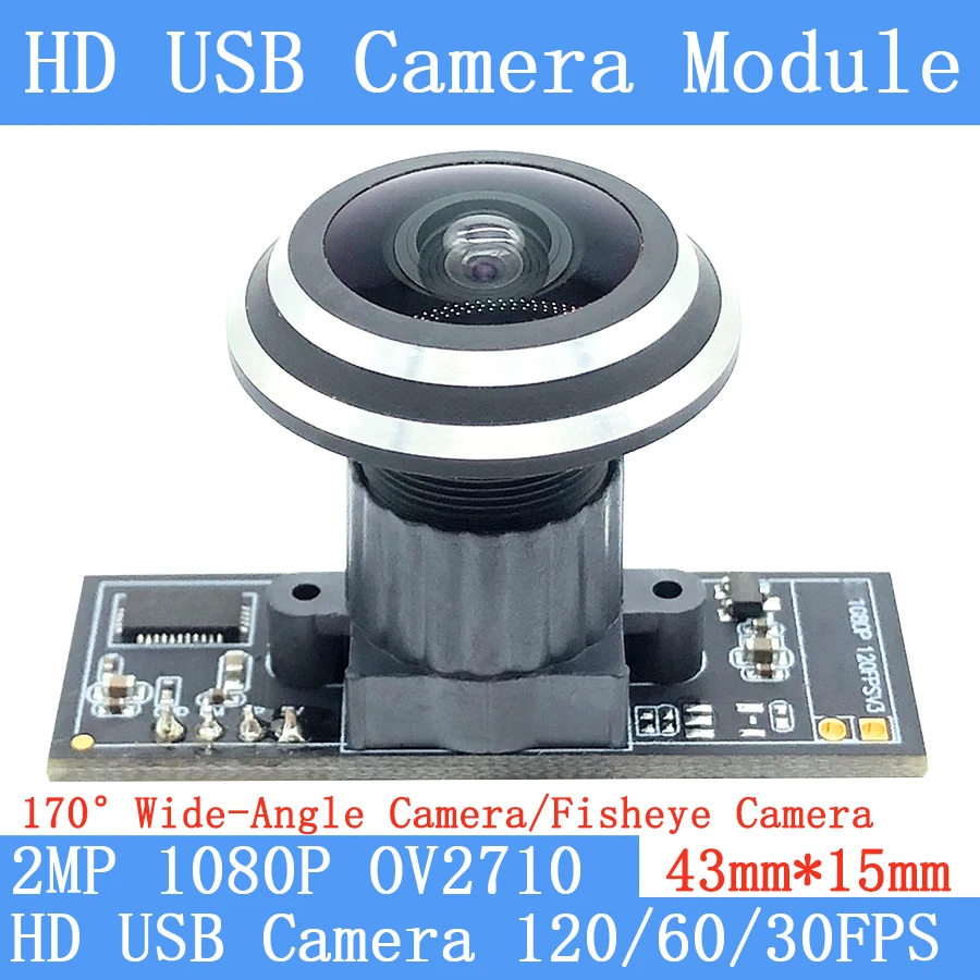 

2MP 170° Wide-angle Fish eye USB Camera Module OV2710 1080P MJPEG 640*480 120fps High Speed Linux UVC Webcam Surveillance