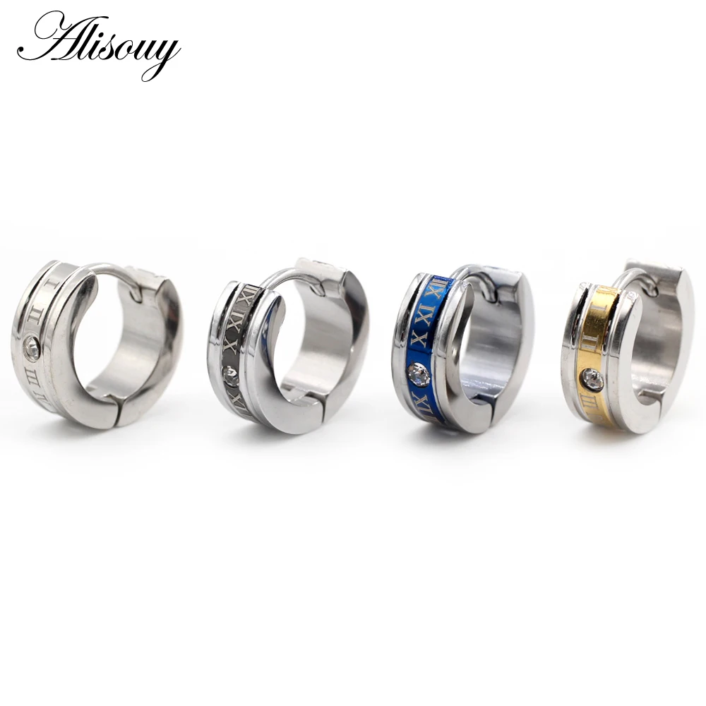 Alisouy 2pcs Inlay Crystal CZ Roman Numerals Huggies Ear Earring Stainless Steel Women Men Circle Hoop Earrings Piercing Jewelry