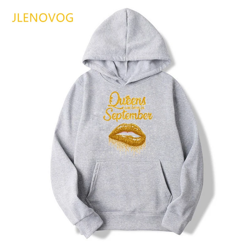 Queens Are Born Sweatshirt Women Gold Lip Print Graphic Hoodie Lady Spring Autumn Winter Clothes Friends Birthday Present