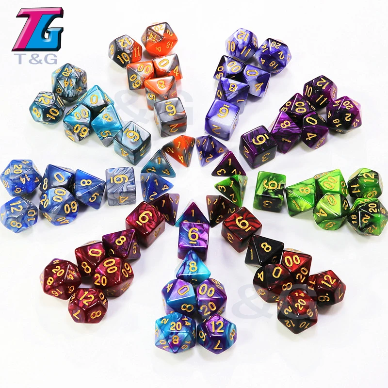 DnD 2-Colors Dice Sets High Quality Game Pieces with Gold Numbers 7PCS/set