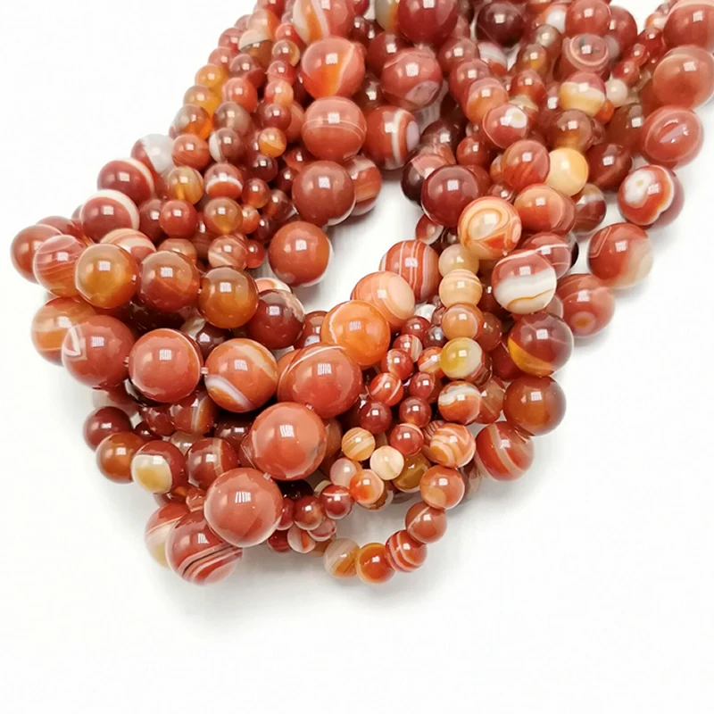 Natural Stone Red Orange Stripe Agat Round Loose Beads 6/8/10/12/14MM Pick Size For Jewelry Making