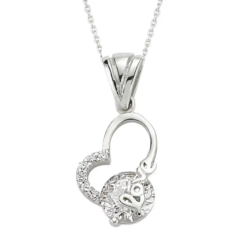 Silver Love Printed Lady Heart Pendant Zircon Stone  925 Sterling Women Fine Jewelry Wedding Party Birthday Gift - Box - Pendant - Chain Choker - Female - Ladies - Fashion