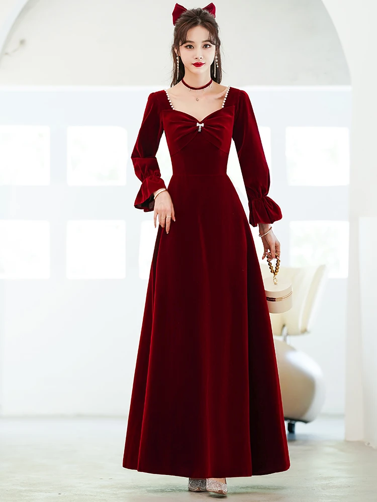 Velvet 4 Styles Toasting Gown Women Sweetheart Collar A-Line Slim Evening Dress Vintage Wine Red Engagement Party Dresses