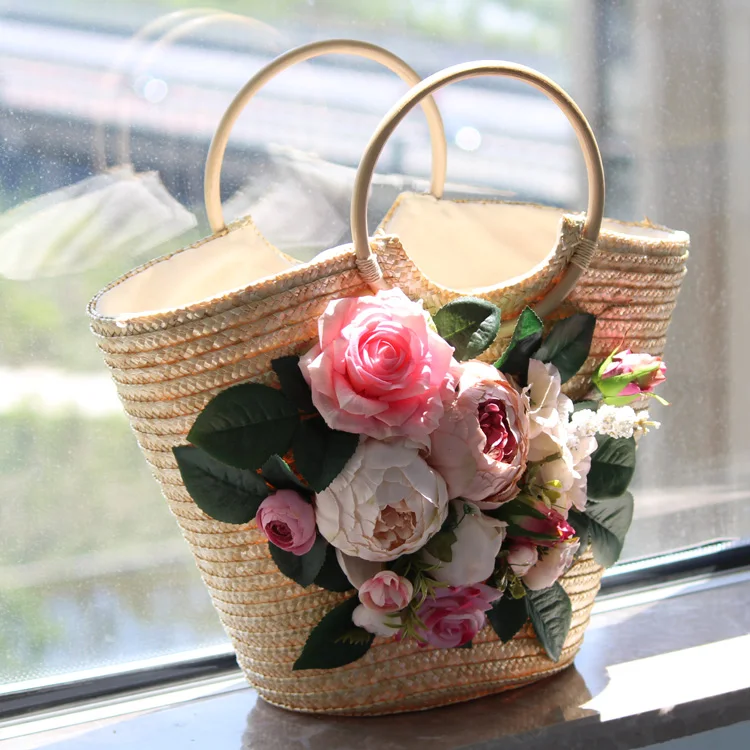 Original Design Women Fashion Summer Rattan Beach Bag Multicolor Artificial Flower Weave Straw Tote Handbag Vacation Hat Set