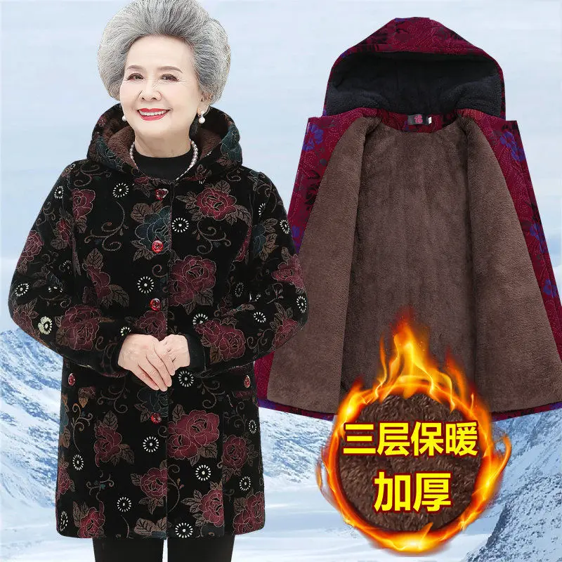 

Elderly Women Winter Jacket Coats 5XL Old People Warm Outerwear Thicken Warm Velvet Hooded Parkas Grandmother Parka