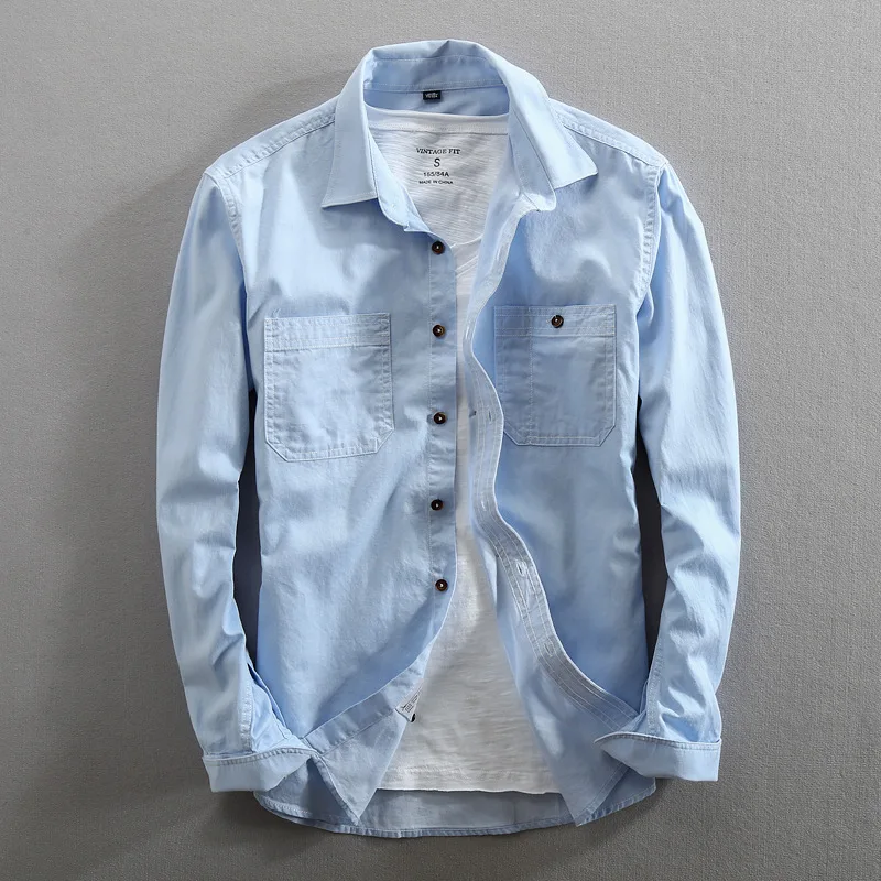 Chemise en jean à manches longues pour homme, en pur coton, coupe ajustée, mode, Denim, vêtements décontractés, haute qualité, deux poches sur la