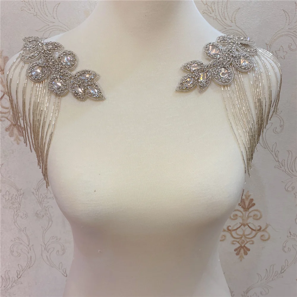 2pcs Handmade Crystal Beaded Rhinestone Applique Sew/Iron on  for  Shoulder Trim for wedding dress