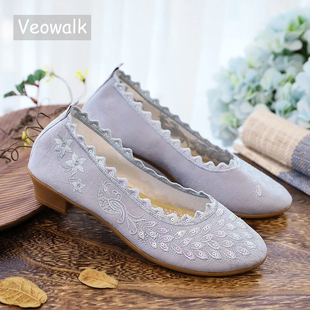 Veowalk Knitted Collar Women Jacquard Cotton 3cm Block Heel Shoes Retro Elegant Ladies Casual Slip On Pumps Comfortable Soft