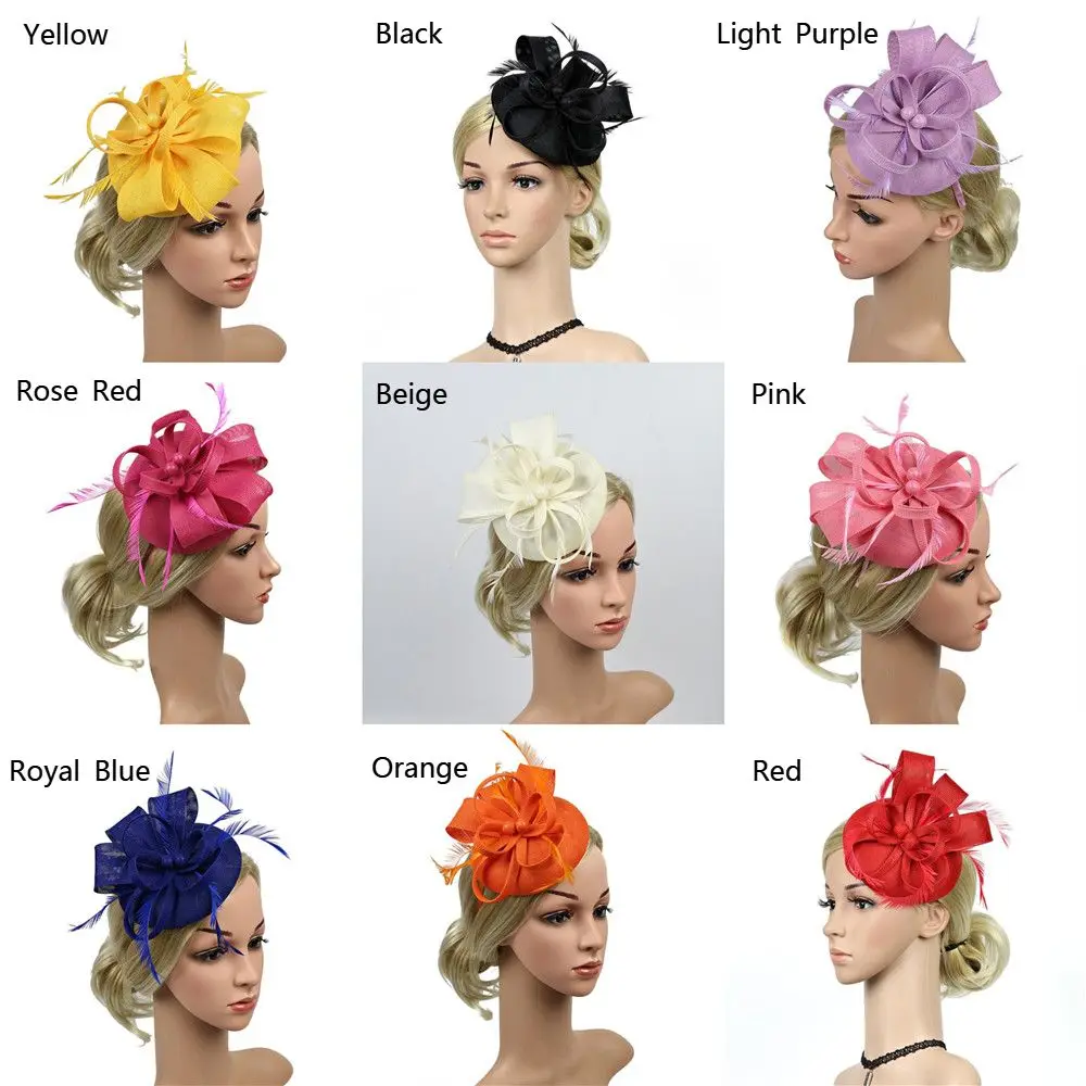 Women Wedding Evening Party Mesh Headband Flower Hat Fascinator Caps Feather Ladies Hat