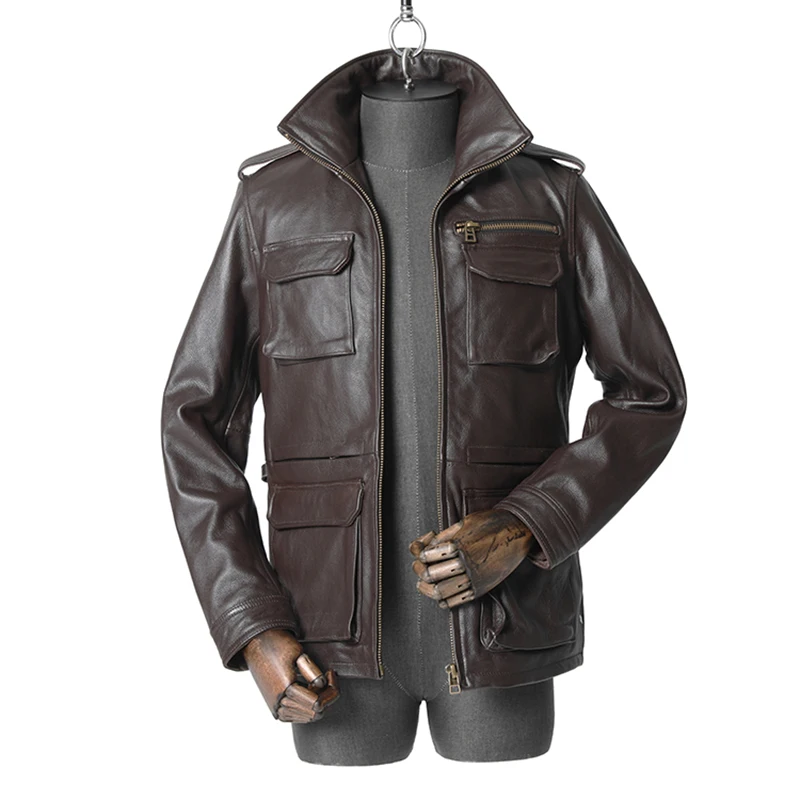 Hunting Leather Jacket Top Cowhide Medium Long Coat M65 Military Brown Lapel Slim Fit Outdoors Travel Sports Combat Windbreaker