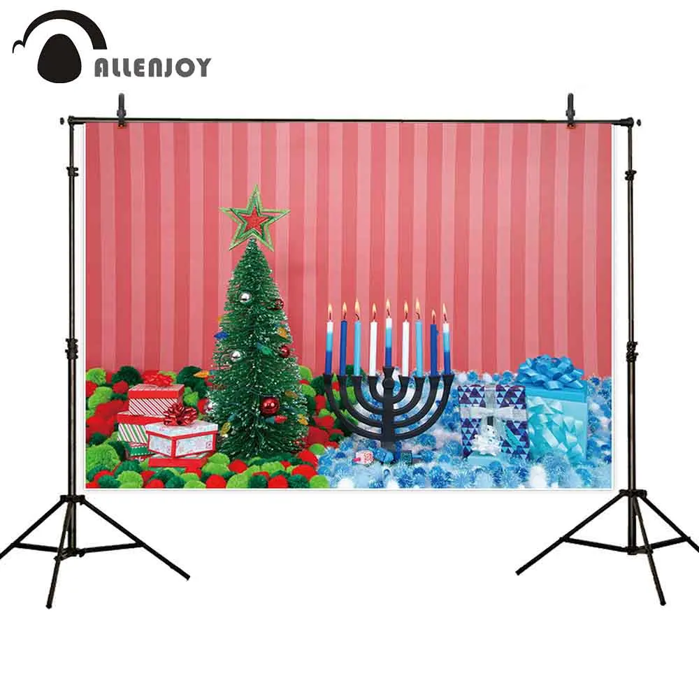 Allenjoy photophone new year backdrops Hanukkah candle christmas tree winter gift colorful stripes fabric backgrounds photobooth