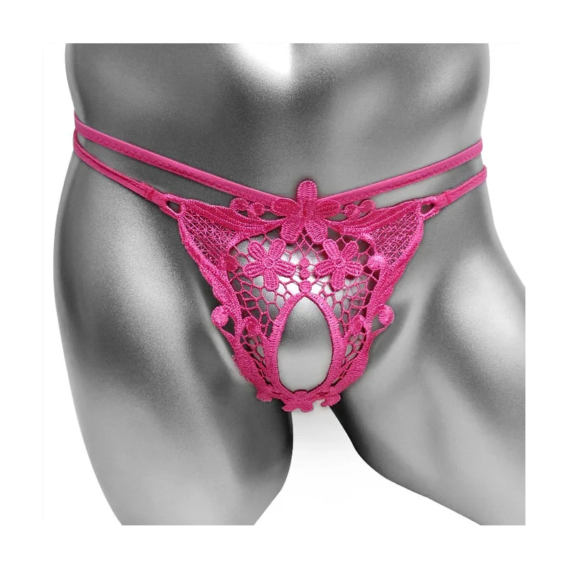 Hot Men Lingerie G-String Bikini Underwear with Penis Holes Gay Male Thong Cute Lace Sissy Panties Underpants