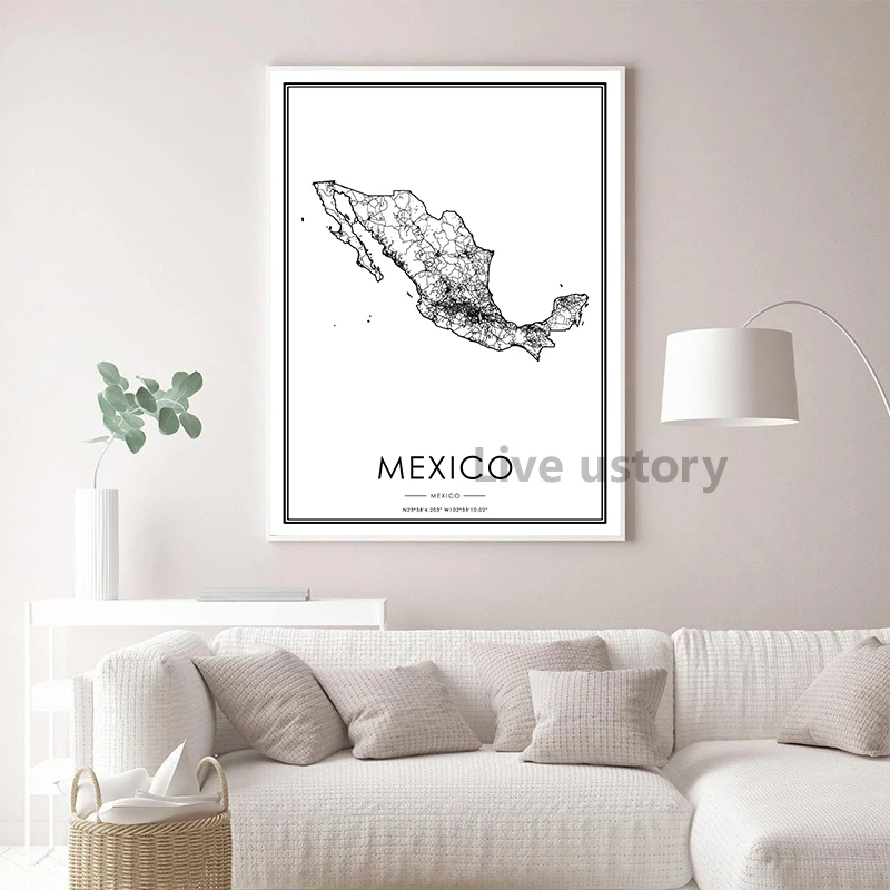 Impresiones de mapa de la ciudad de México, pintura artística en lienzo, carteles de viaje, latitud en blanco y negro, imágenes artísticas de pared,