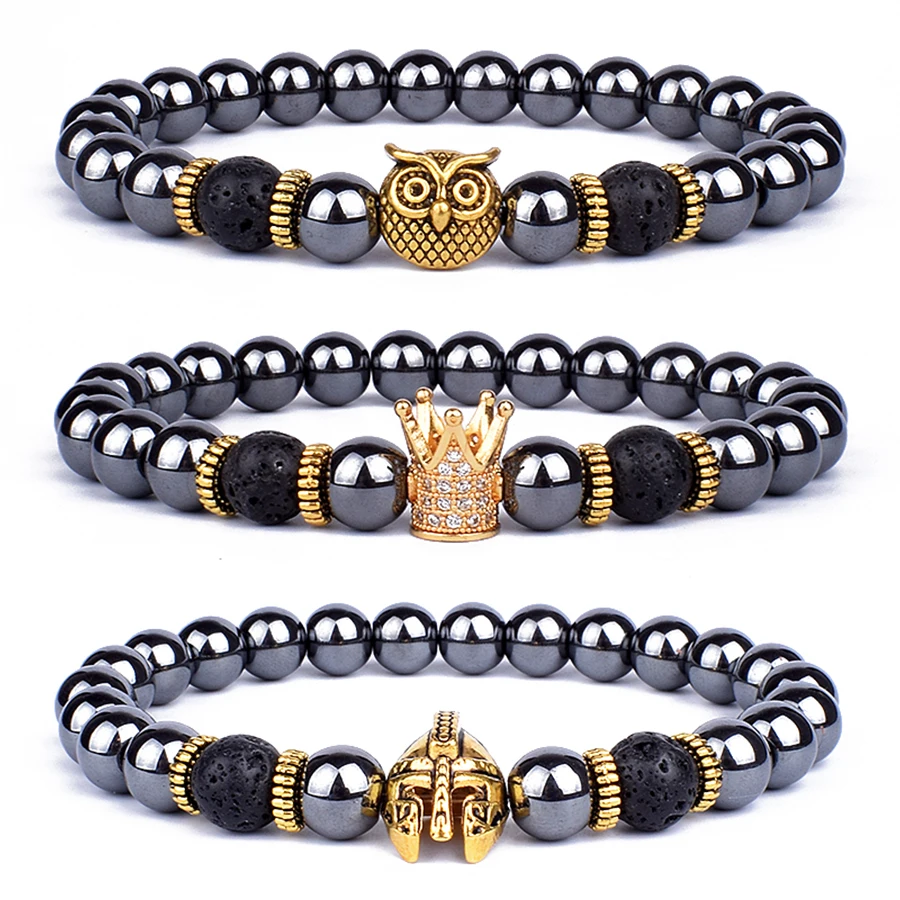 Vintage Hematite Owl Charm Bracelets Men Lava Stone Crown Warrior Helmet Bracelets & Bangles for Women Friendship Jewelry Gift