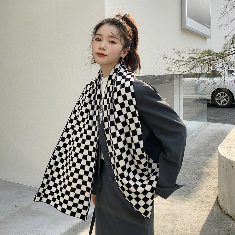 OMEA Twist Knit Scarf Women Winter Accessories Black and White Chessboard Plaid Patchwork Scarf Luxury Fashion Shawl Geometric