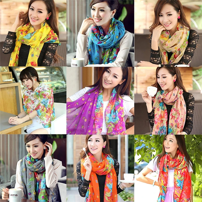 

2021 New Fashion Floral Print Voile Long Scarf Women Girls Bohemia Spring Summer Sun Protection Neck Wrap Elegant Shawl