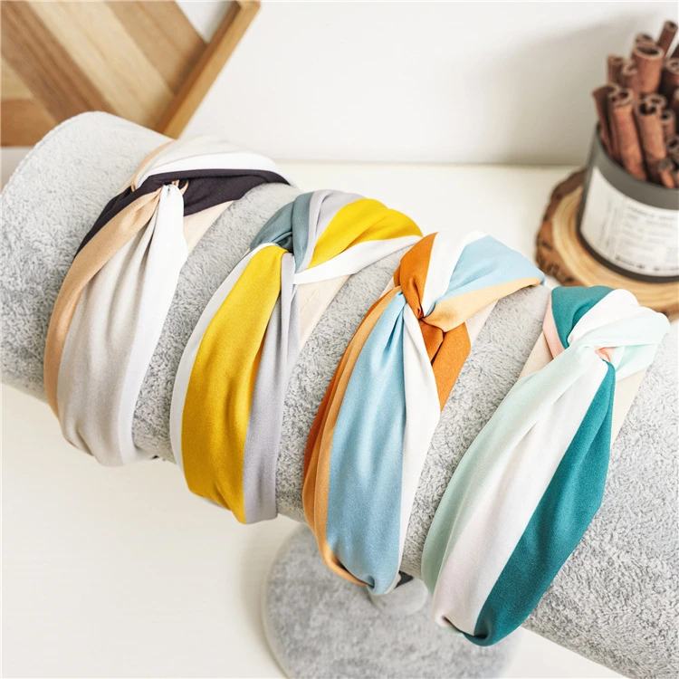 

Trendy Summer New Cross Hairband Wide-edge Contrast Color Cloth Knotted Headband For Women Korean Head Hoop Fashion Hair Bands