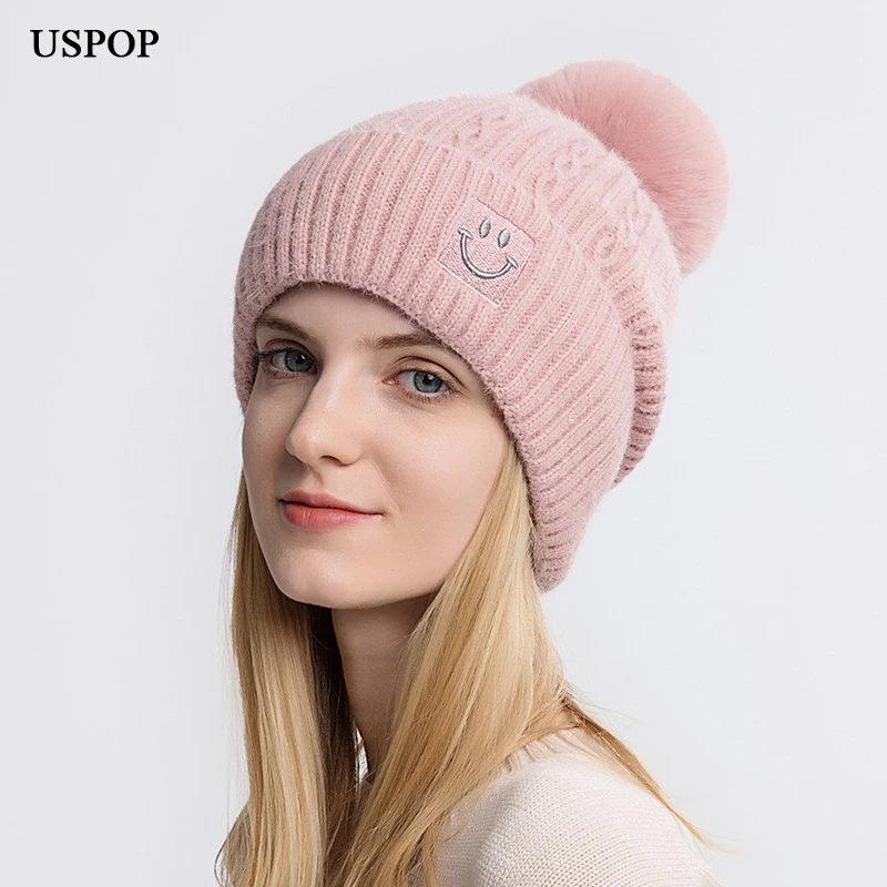 USPOP New Winter Hats Women  Knitted Hats Thick Warm Plush Lining Skullies Smiley Face Embroidery Beanies Pom Pom Htas