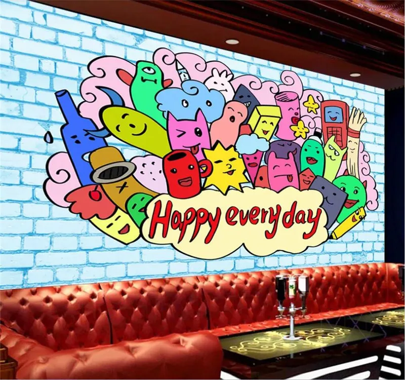 Professional custom high-end wallpaper hand-painted street KTV cute graffiti background wall - high-grade waterproof material