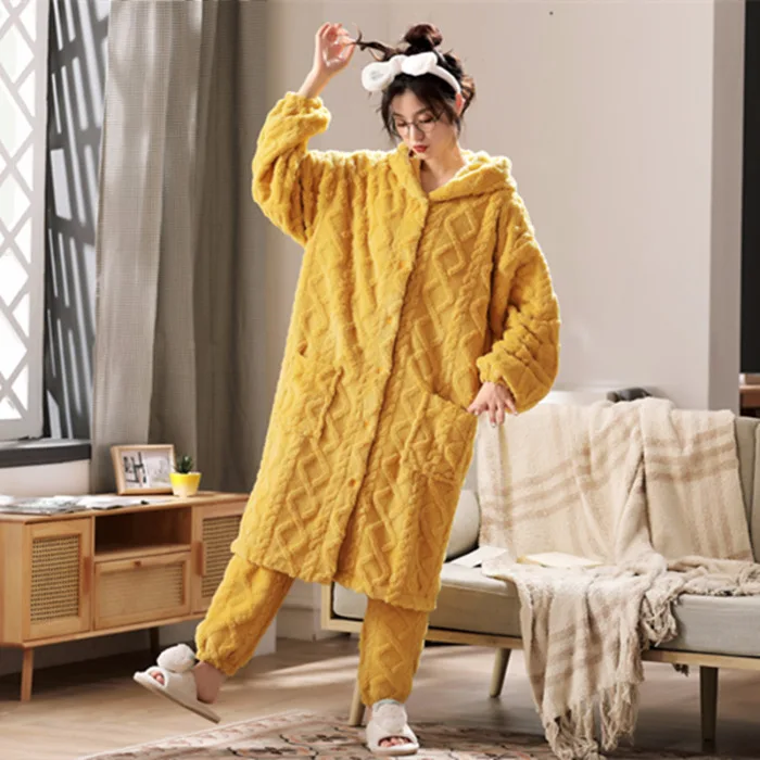 

Winter New 2PCS Flannel Pajamas Set Female Thicken Sleepwear Plush Sleep Set Nightwear Casual Bathrobe Robe&Pants Warm Homewear