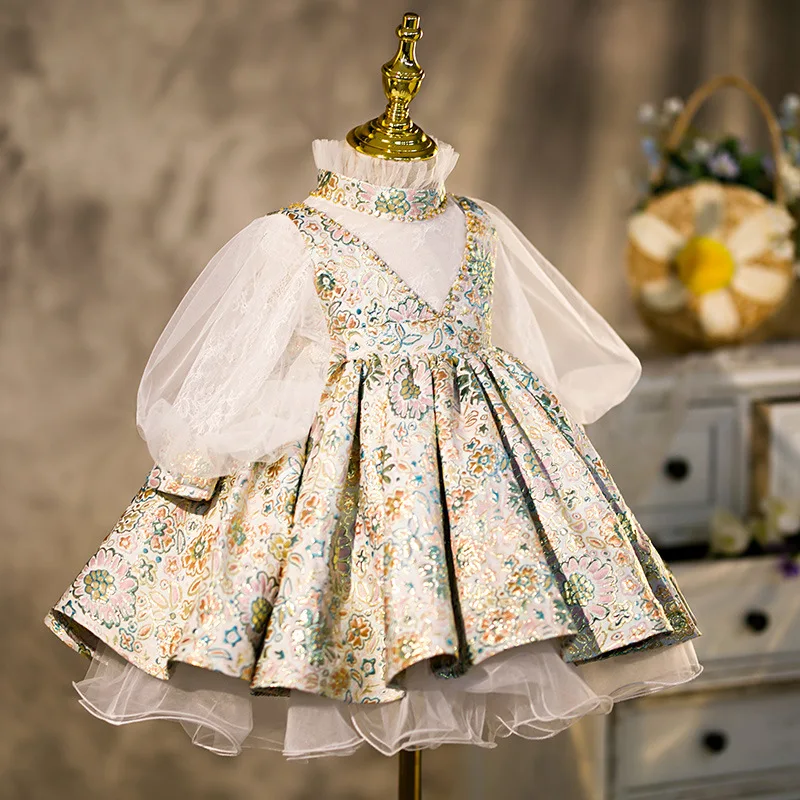 Girls Spanish Floral Ball Gown Baby Royal Lolita Princess Dresses Infant Lace Birthday Christening Dress Girl Boutique Clothes