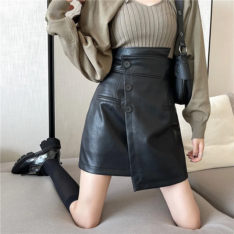 

2023 Fashion Hip A-line PU Black Large Size Leather Skirts Women's Clothing High Waist Irregular Single-breasted Skirts D1126