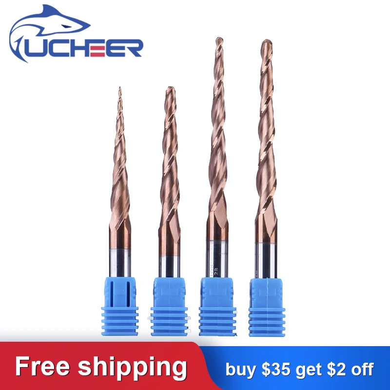 UCHEER Milling Cutter 6mm Carbide Taper Ball Nose End Mill Coated CNC Woodworking for Metal Carving Bits