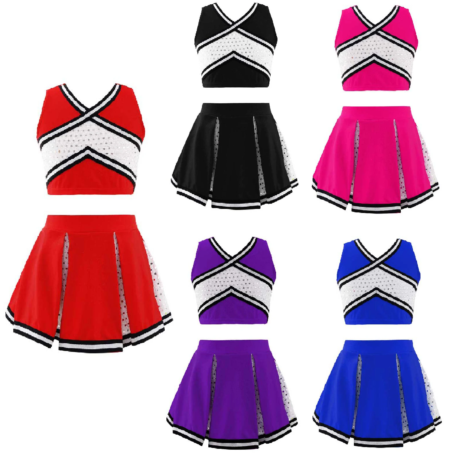 Kids Girls Cheerleading Suits Girls Dance Costumes Scrisscross Striped Top With Elastic Waistband Skirt Sequins Sport Outfit